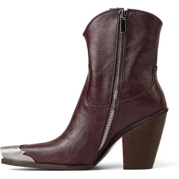 🆕Women Brown Western Ankle Boots Metal Toe Booties Stacked Block Heeled Shoes - Picture 3 of 5